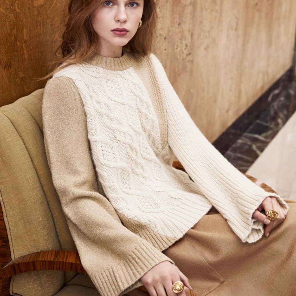 CO Collection Alpaca Gold Cream Cable Knit Sweater